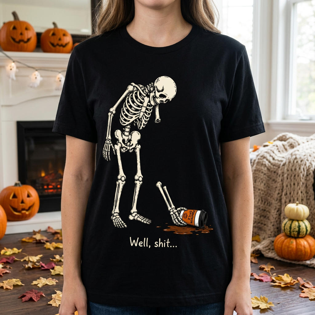Funny Halloween Skeleton T-Shirt – "Well, Shit..." Pumpkin Spice Latte Tee
