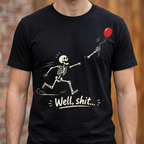 Funny Skeleton T-Shirt – "Well, Shit..." Floating Arm Red Balloon Tee