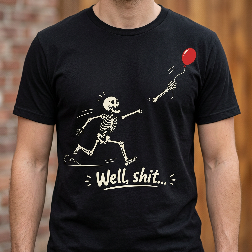 Funny Skeleton T-Shirt – "Well, Shit..." Floating Arm Red Balloon Tee
