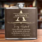 Couple - I Love You In The Morning Monogram - Personalized Leather Flask