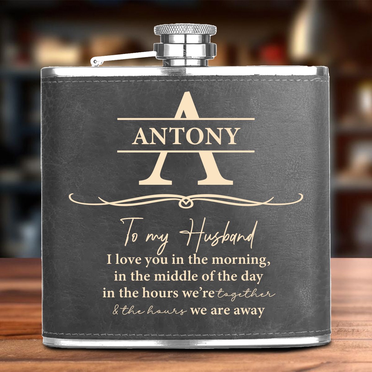 Couple - I Love You In The Morning Monogram - Personalized Leather Flask