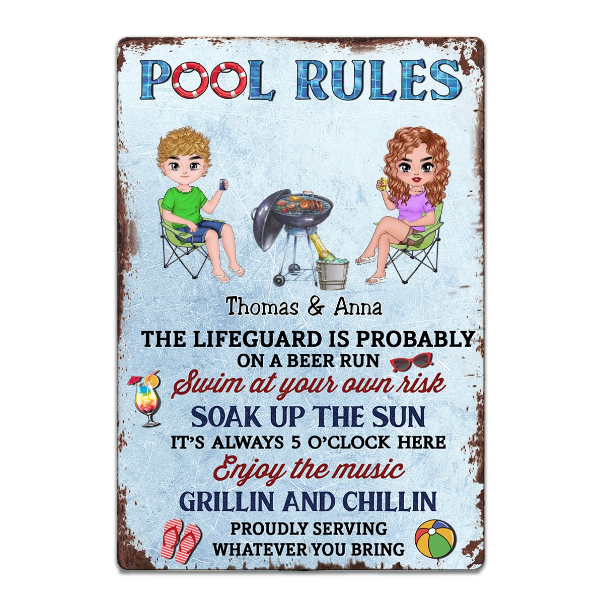 Couple - Pool Rules The LifeGuard Is Probably On A Beer Run - Personalized Metal Sign