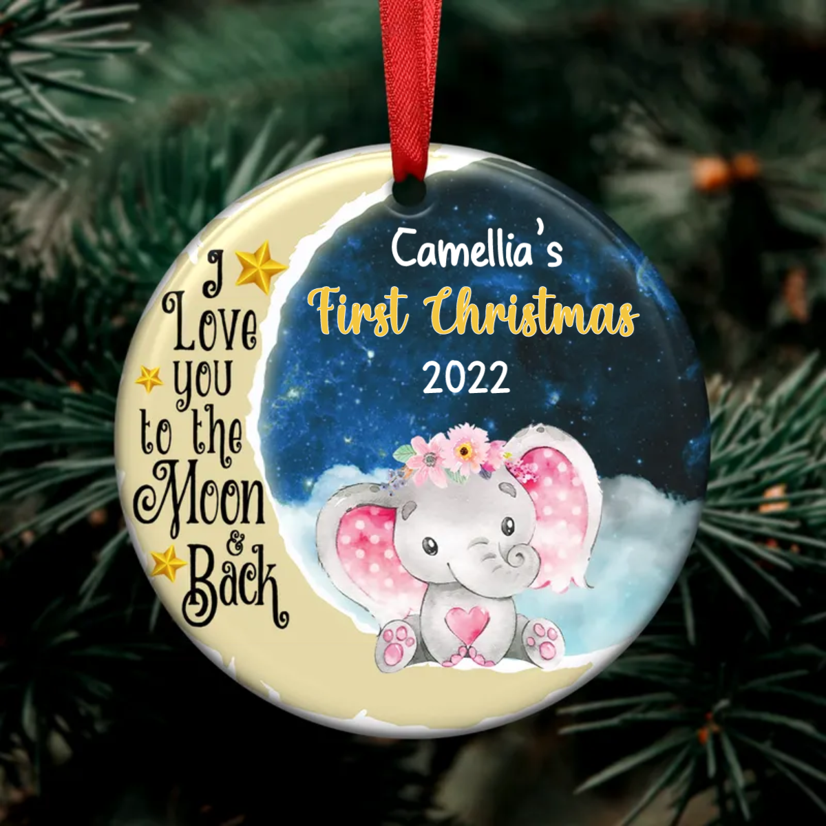 Gifts for Newborn Babies - Elephant Baby First Christmas - Personalized Circle Ornament