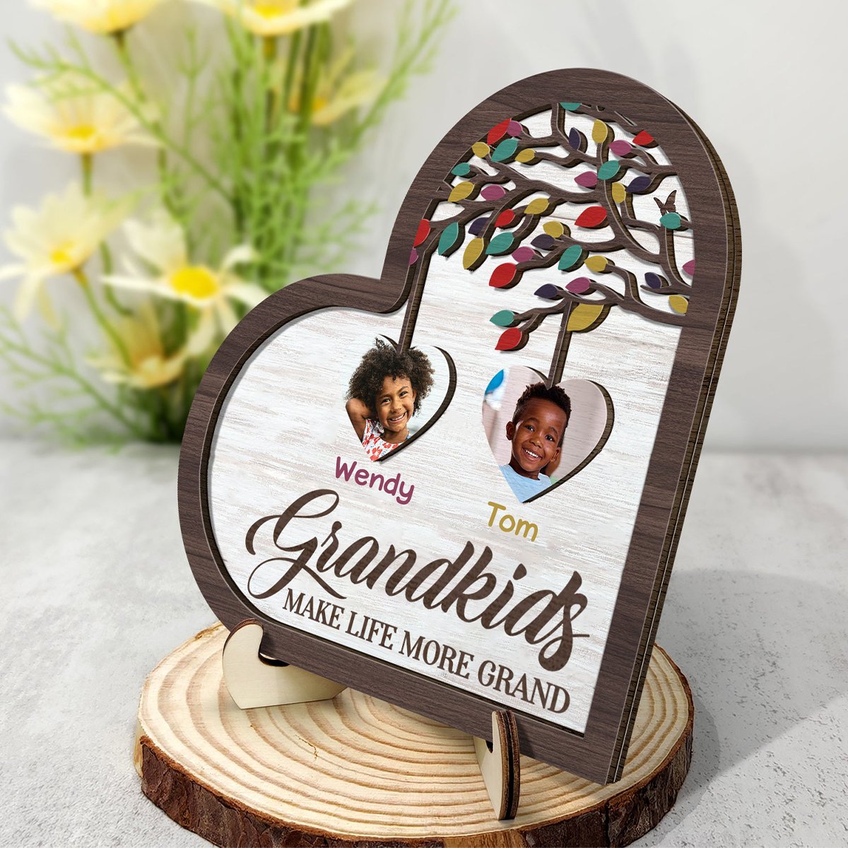 Family - Custom Photo Grandkids Make Life Grand - Personalized 2-Layered Wooden Plaque With Stand