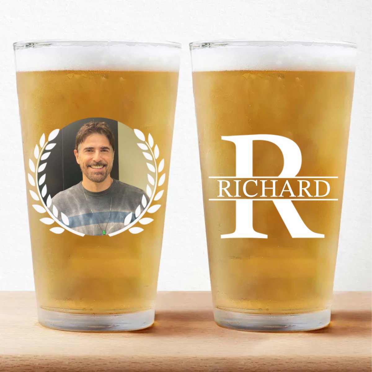 Father - Custom Photo Monogram Name - Personalized Beer Glass (HJ)