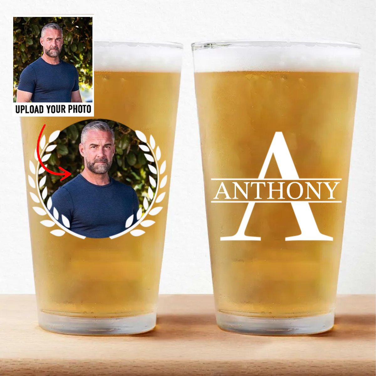 Father - Custom Photo Monogram Name - Personalized Beer Glass (HJ)