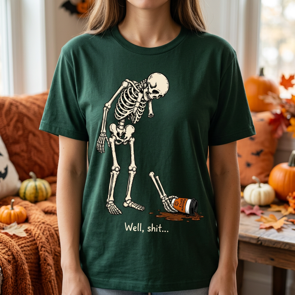 Funny Halloween Skeleton T-Shirt – "Well, Shit..." Pumpkin Spice Latte Tee