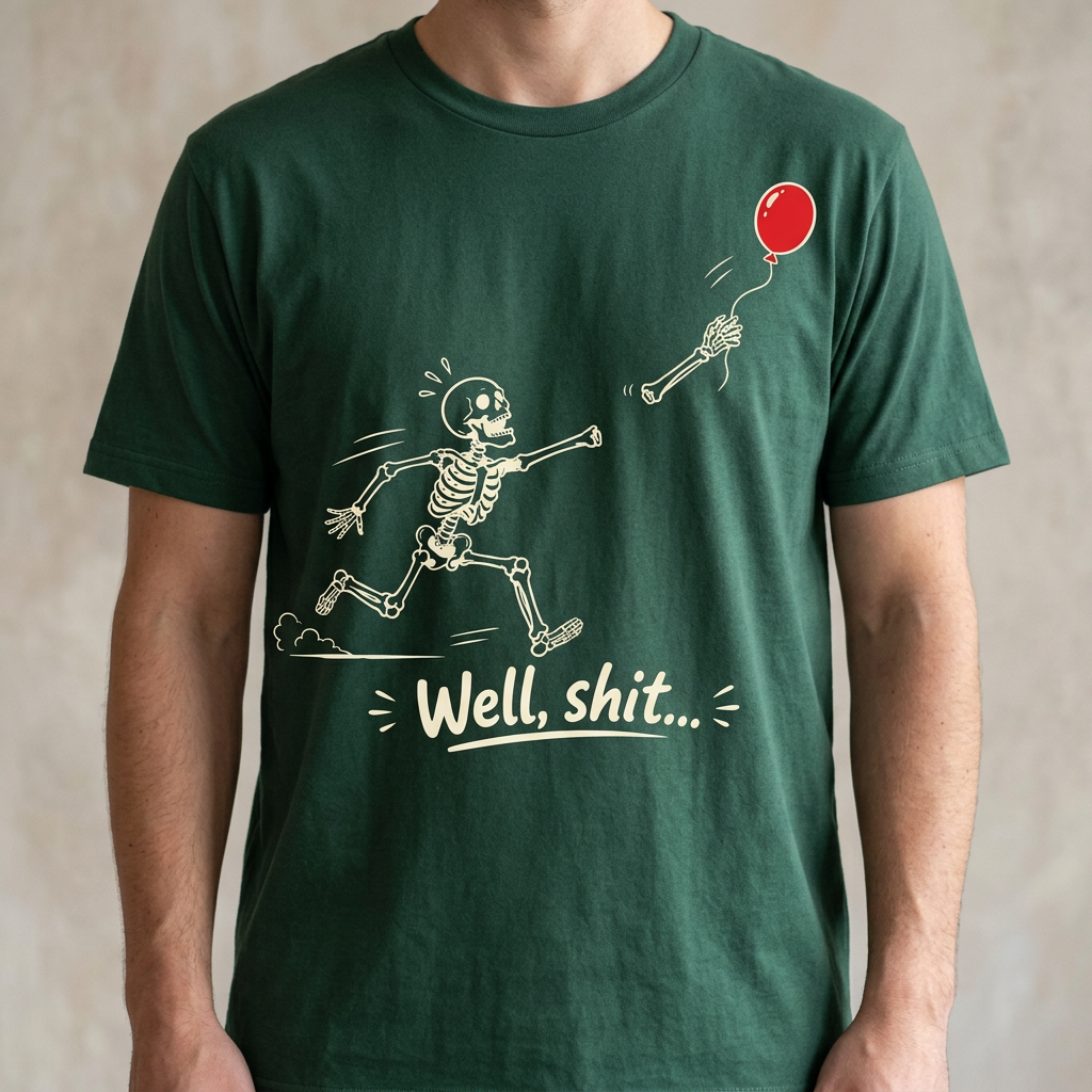Funny Skeleton T-Shirt – "Well, Shit..." Floating Arm Red Balloon Tee