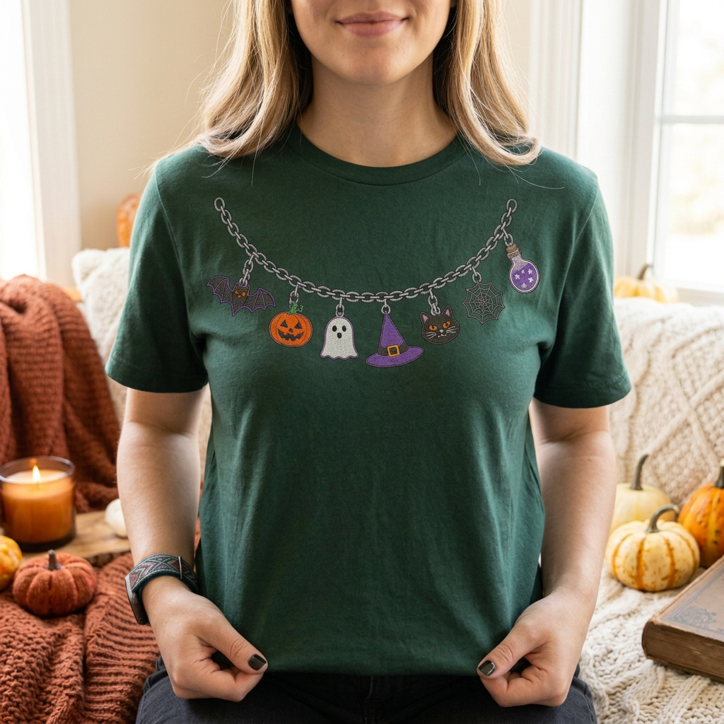 T-shirt Collier Charme d'Halloween – Haut Citrouille, Fantôme, Chapeau de Sorcière & Chat Noir