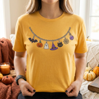 Halloween Charm Necklace T-Shirt – Pumpkin, Ghost, Witch Hat & Black Cat Tee