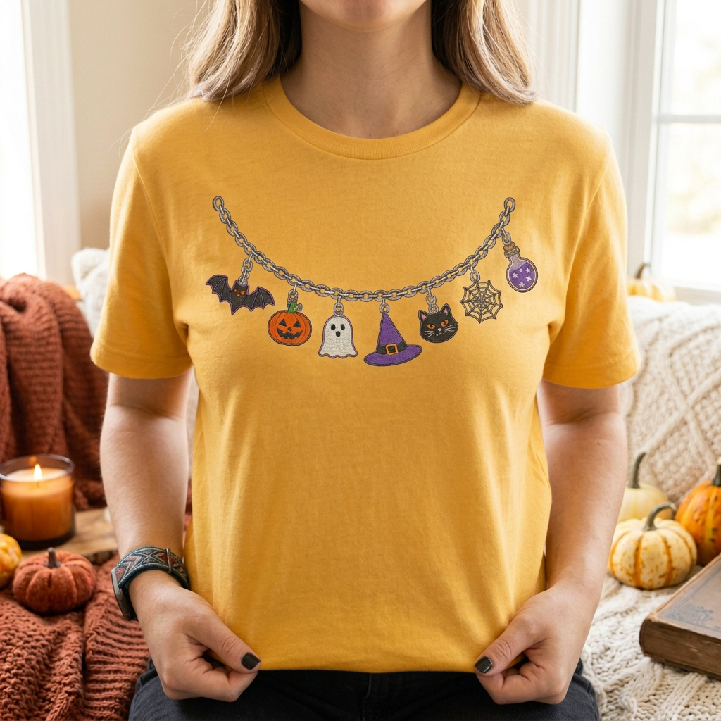 T-shirt Collier Charme d'Halloween – Haut Citrouille, Fantôme, Chapeau de Sorcière & Chat Noir