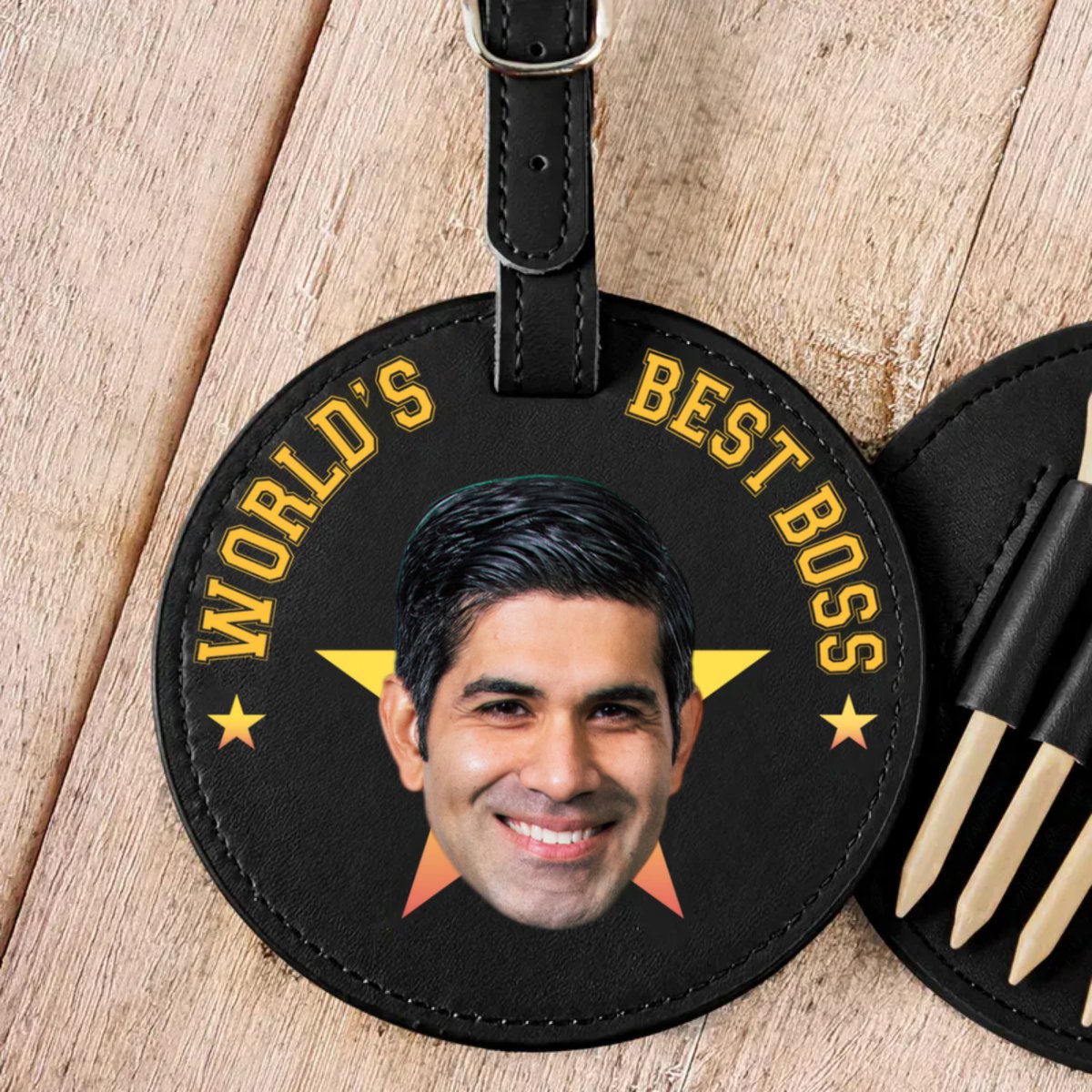 Amateurs de golf - Meilleur patron du monde - Étiquette de sac de golf en cuir personnalisée avec photo