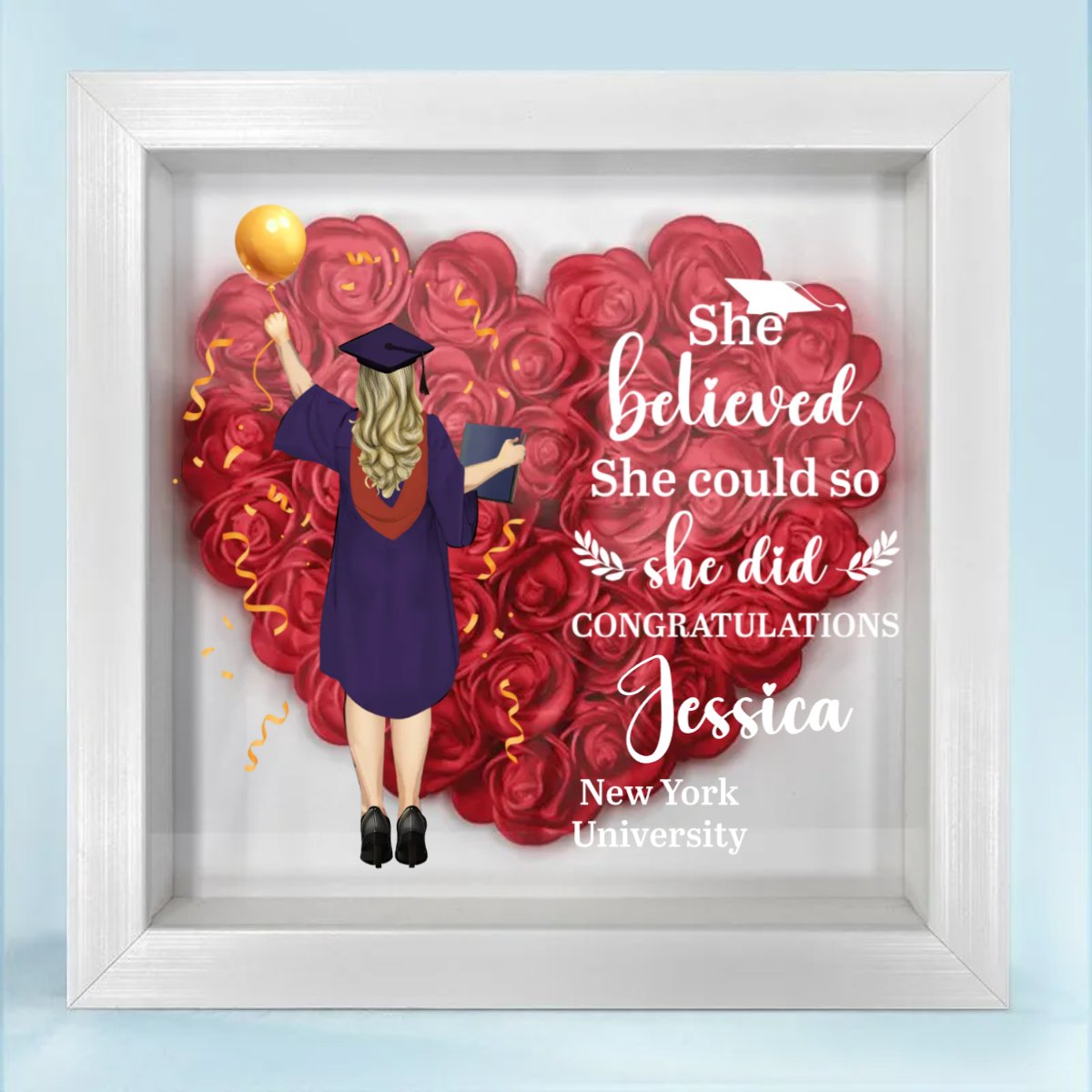 Graduation - She Believed She Could So She Did - Personalized Flower Shadow Box