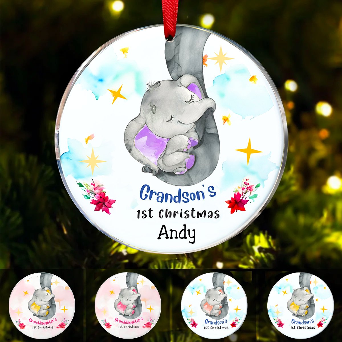 Grandson Granddaughter - Elephant Baby First Christmas - Personalized Circle Ornament
