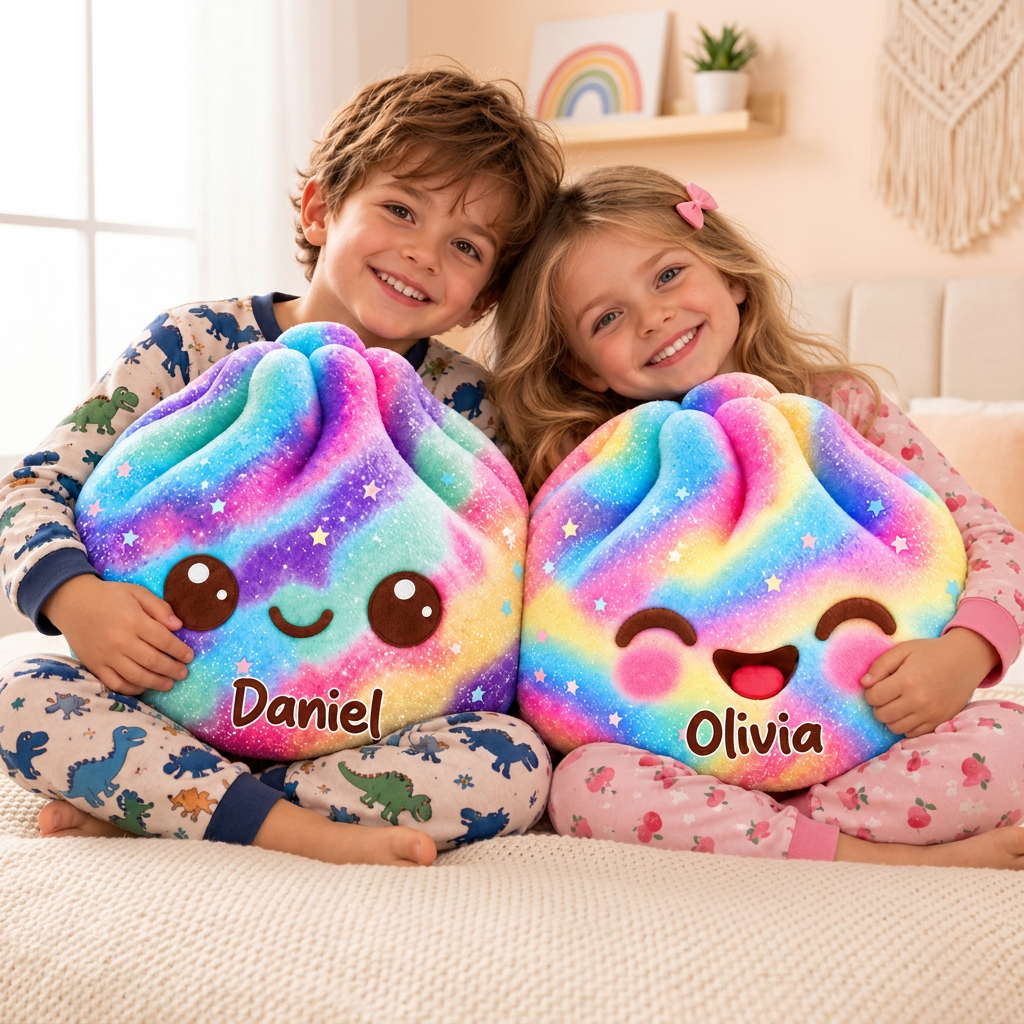 Hai bé ôm gối galaxy Daniel và Olivia