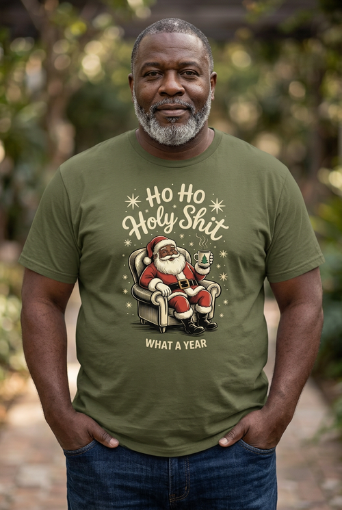 Black Santa T-shirt in military green on a middle-aged Black male model