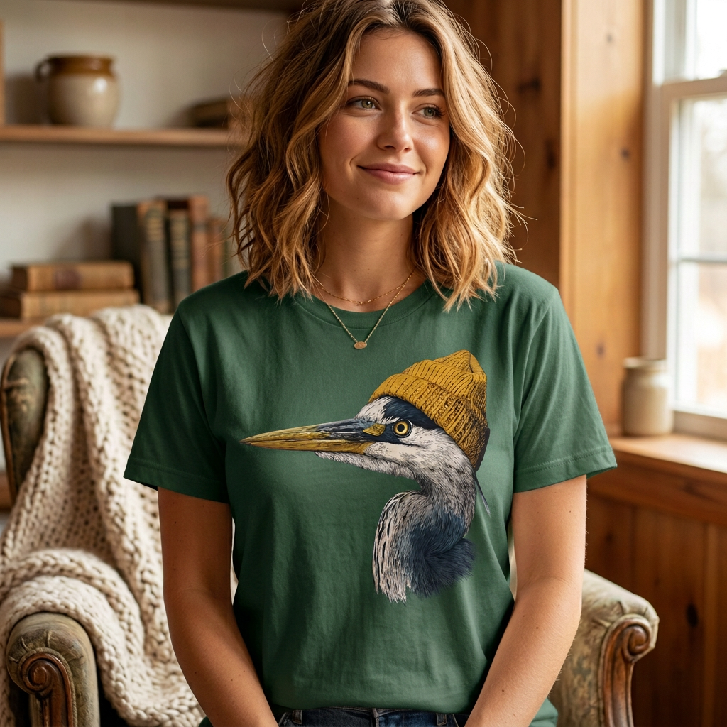 Model wearing a forest green t-shirt with a great blue heron in a mustard knit beanie graphic