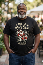 Black Santa T-shirt in black on a middle-aged Black male model