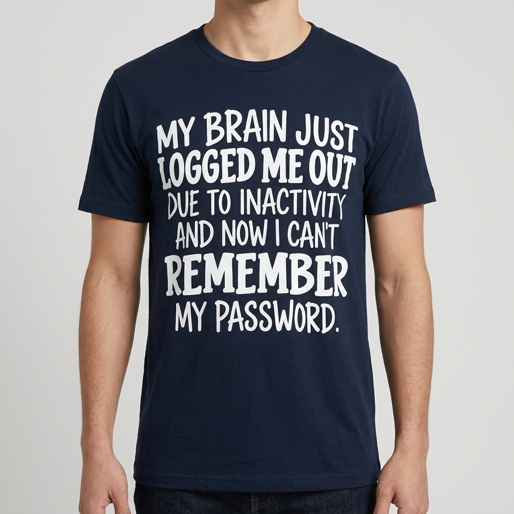 Navy My Brain Just Logged Me Out T-shirt on a model