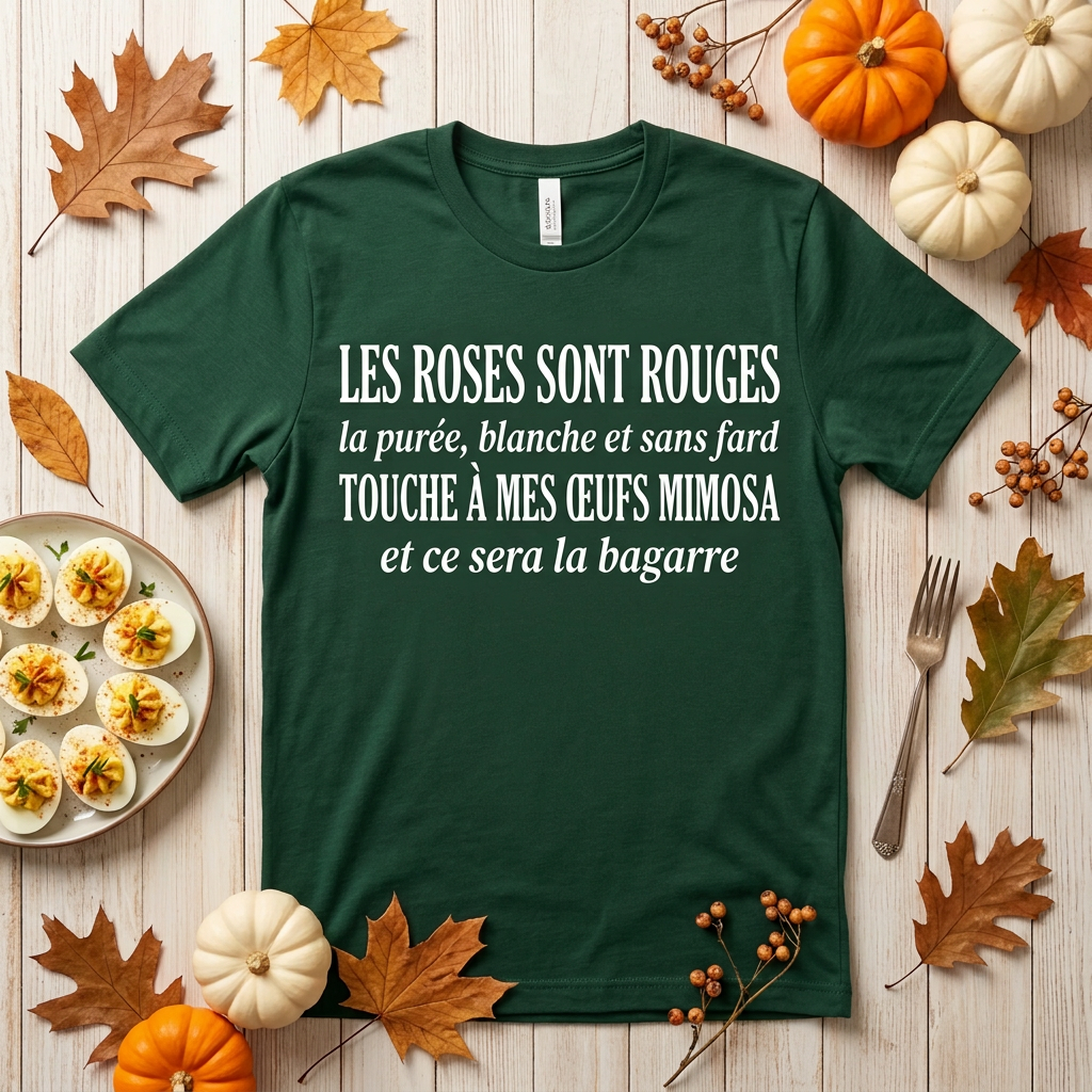 T-shirt vert forêt humoristique Touche à mes œufs mimosa