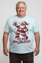Ice blue t-shirt mockup with vintage Santa holding a beer mug and HO HO Hold My Drink design
