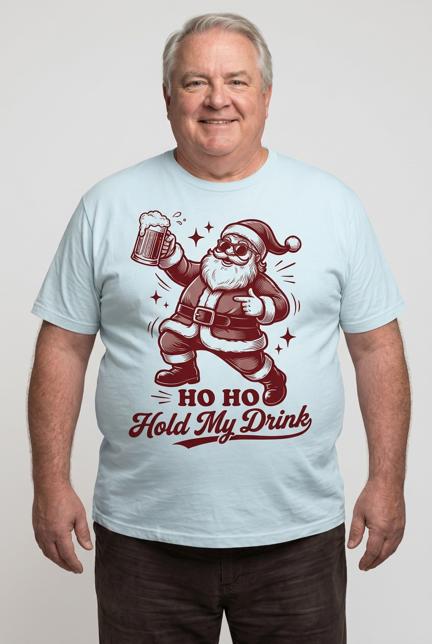 Ice blue t-shirt mockup with vintage Santa holding a beer mug and HO HO Hold My Drink design