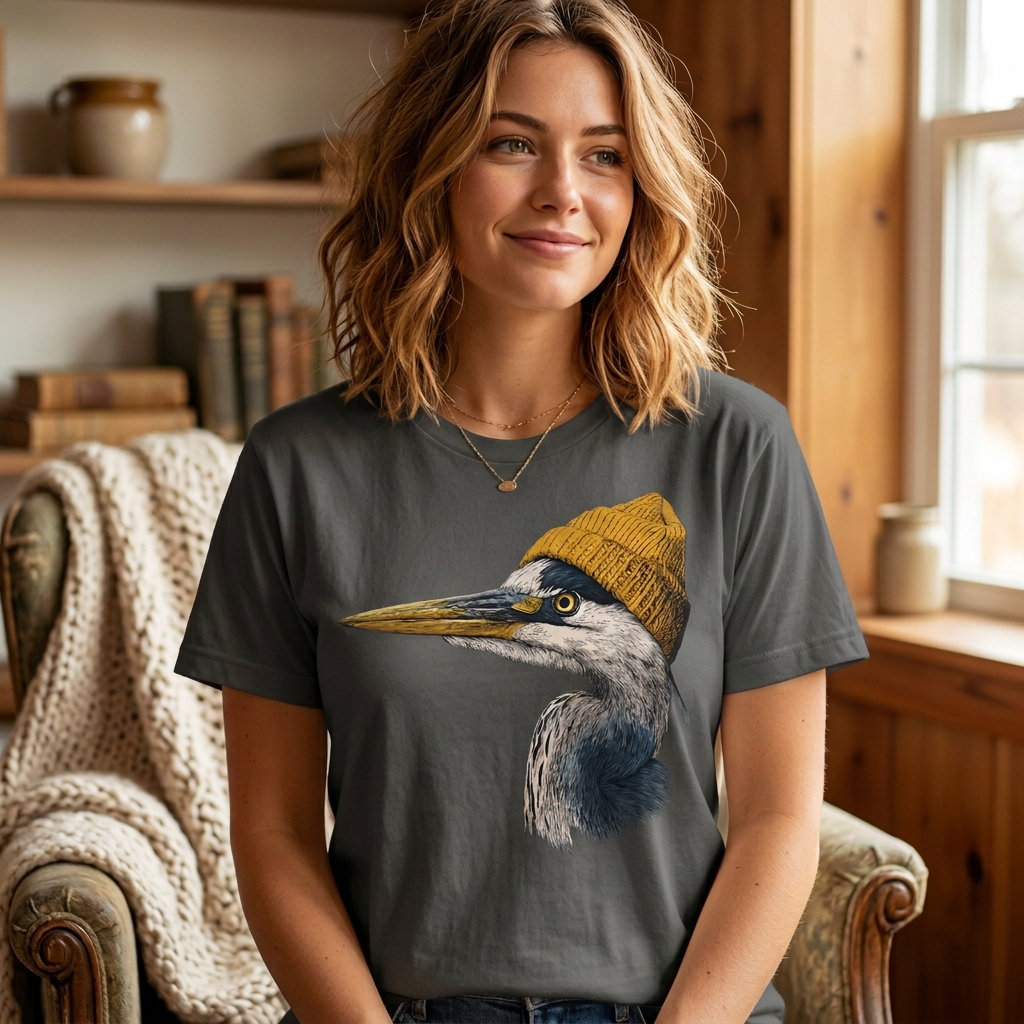 Model wearing a charcoal t-shirt with a great blue heron in a mustard knit beanie graphic