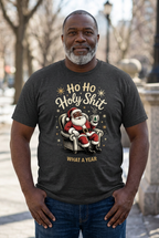 Black Santa T-shirt in charcoal gray on a middle-aged Black male model