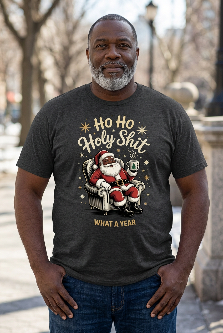 Black Santa T-shirt in charcoal gray on a middle-aged Black male model