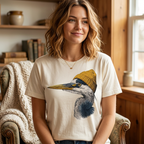 Model wearing a cream t-shirt with a great blue heron in a mustard knit beanie graphic