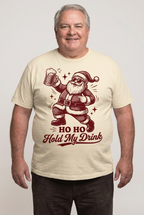 Cream t-shirt mockup with vintage Santa holding a beer mug and HO HO Hold My Drink design