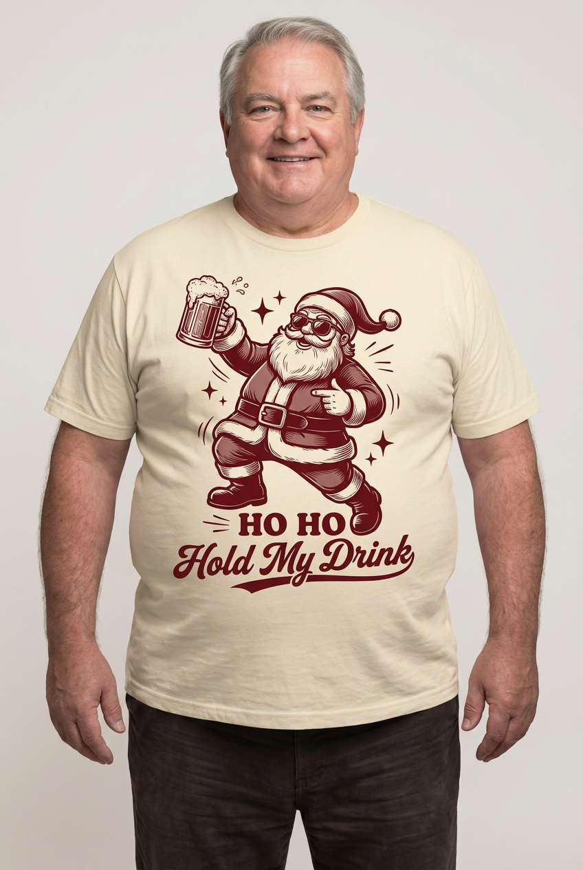 Cream t-shirt mockup with vintage Santa holding a beer mug and HO HO Hold My Drink design