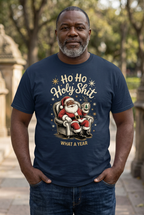 Black Santa T-shirt in navy on a middle-aged Black male model