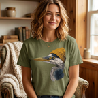 Model wearing a military green t-shirt with a great blue heron in a mustard knit beanie graphic