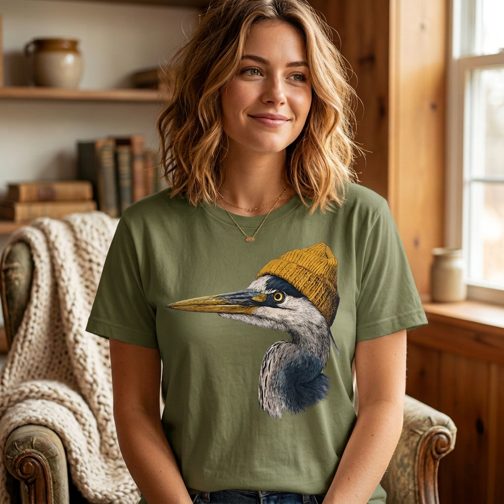 Model wearing a military green t-shirt with a great blue heron in a mustard knit beanie graphic