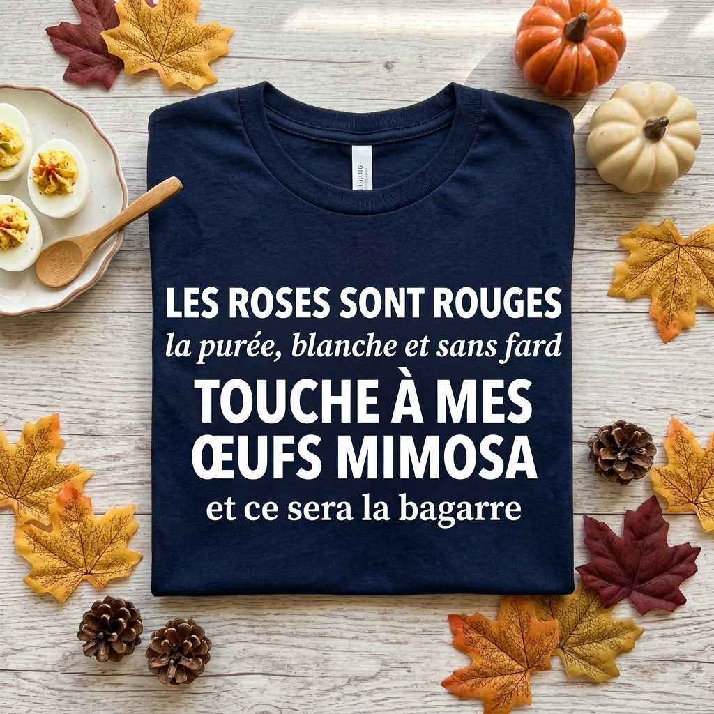 T-shirt bleu marine humoristique Touche à mes œufs mimosa