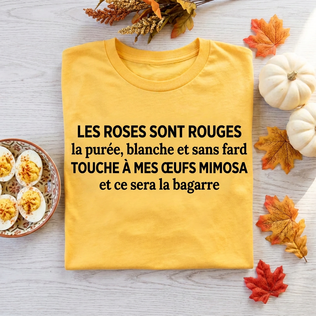 T-shirt jaune humoristique Touche à mes œufs mimosa