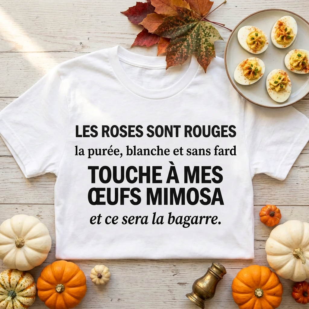 T-shirt blanc humoristique Touche à mes œufs mimosa