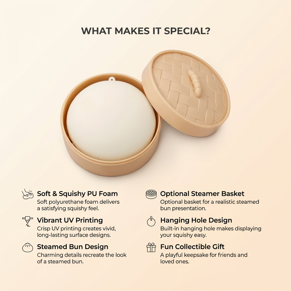 Six features of the personalized steamed bun squishy and optional basket