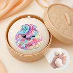 Personalized rainbow dumpling squishy named Lucas in optional steamer basket