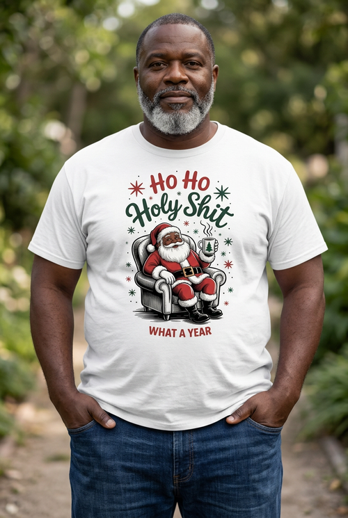 Black Santa T-shirt in white on a middle-aged Black male model