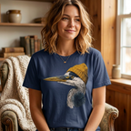 Model wearing a navy t-shirt with a great blue heron in a mustard knit beanie graphic