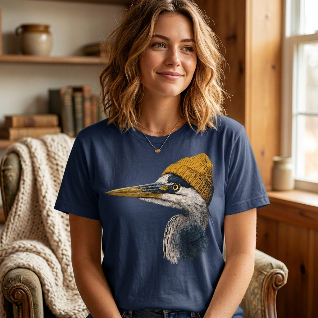 Model wearing a navy t-shirt with a great blue heron in a mustard knit beanie graphic