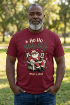 Black Santa T-shirt in burgundy on a middle-aged Black male model