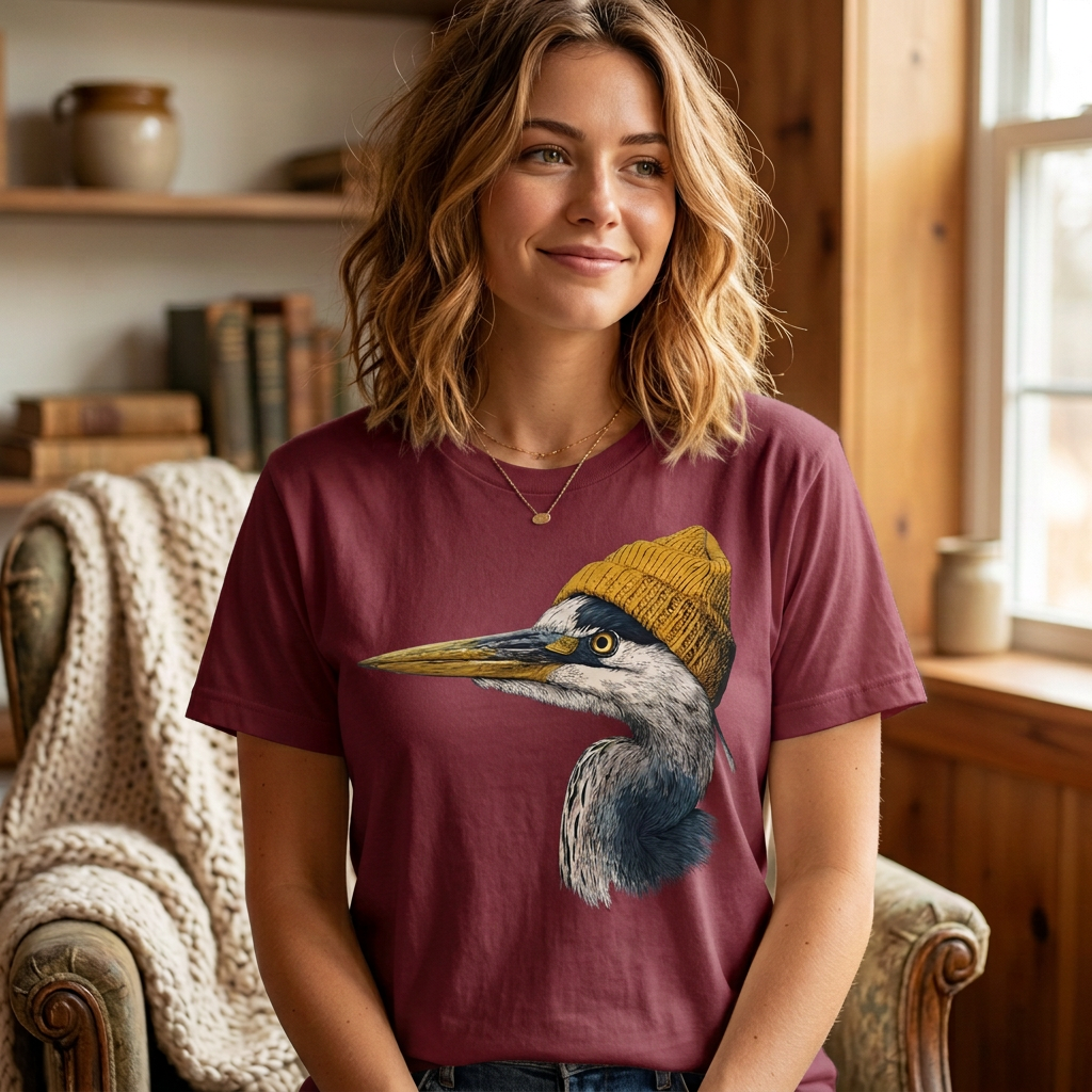 Model wearing a maroon t-shirt with a great blue heron in a mustard knit beanie graphic