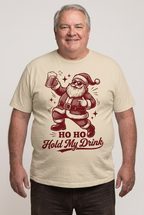 Sand beige t-shirt mockup with vintage Santa holding a beer mug and HO HO Hold My Drink design