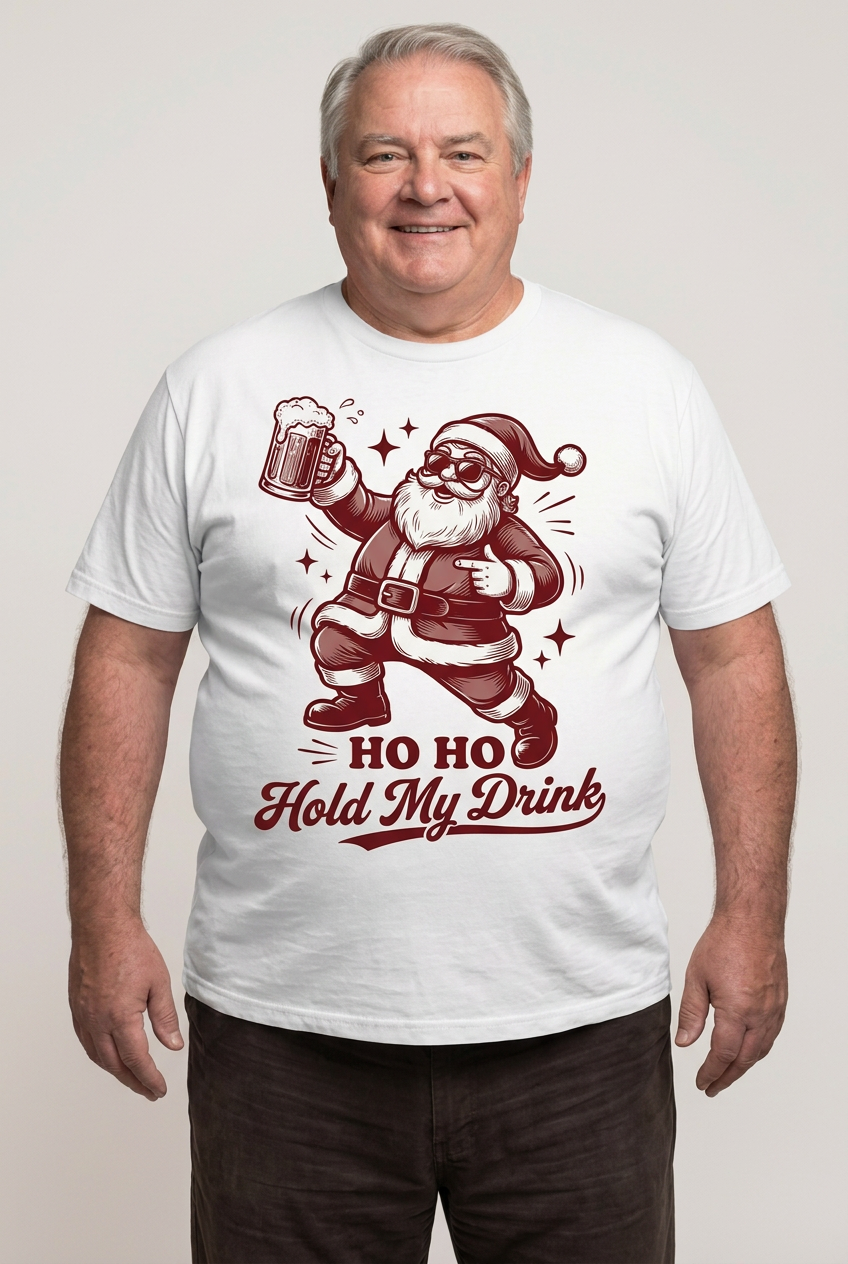 White t-shirt mockup with vintage Santa holding a beer mug and HO HO Hold My Drink design