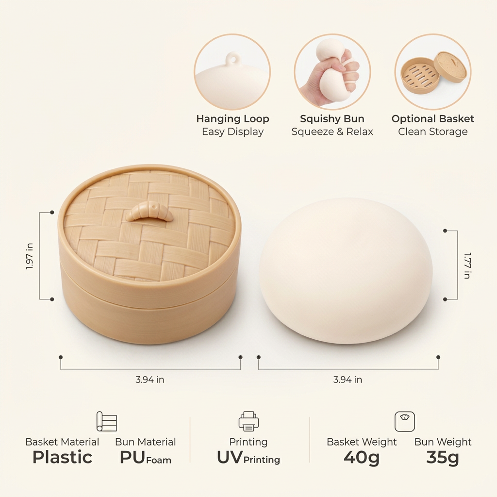 Squishy bun and optional basket dimensions materials and weights