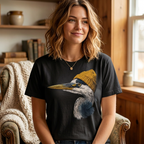 Model wearing a black t-shirt with a great blue heron in a mustard knit beanie graphic