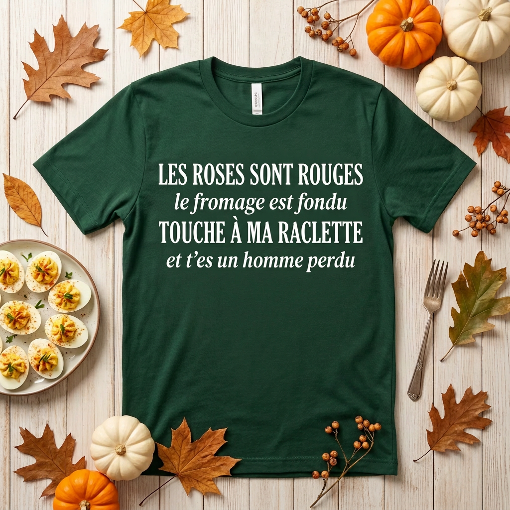 T-shirt vert forêt avec citation humoristique sur la raclette